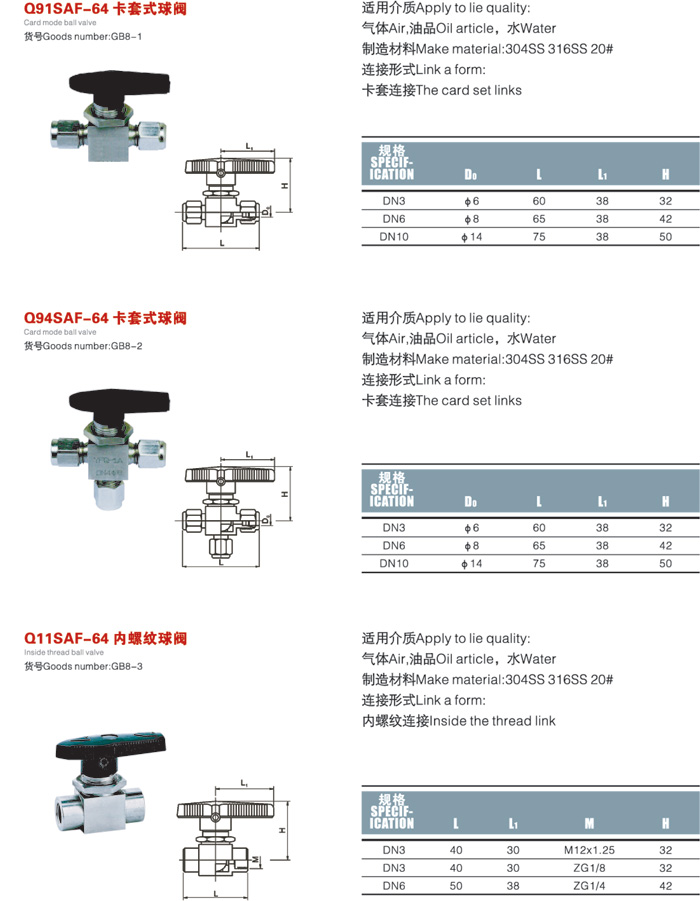 卡套球閥,不銹鋼卡套式球閥尺寸圖